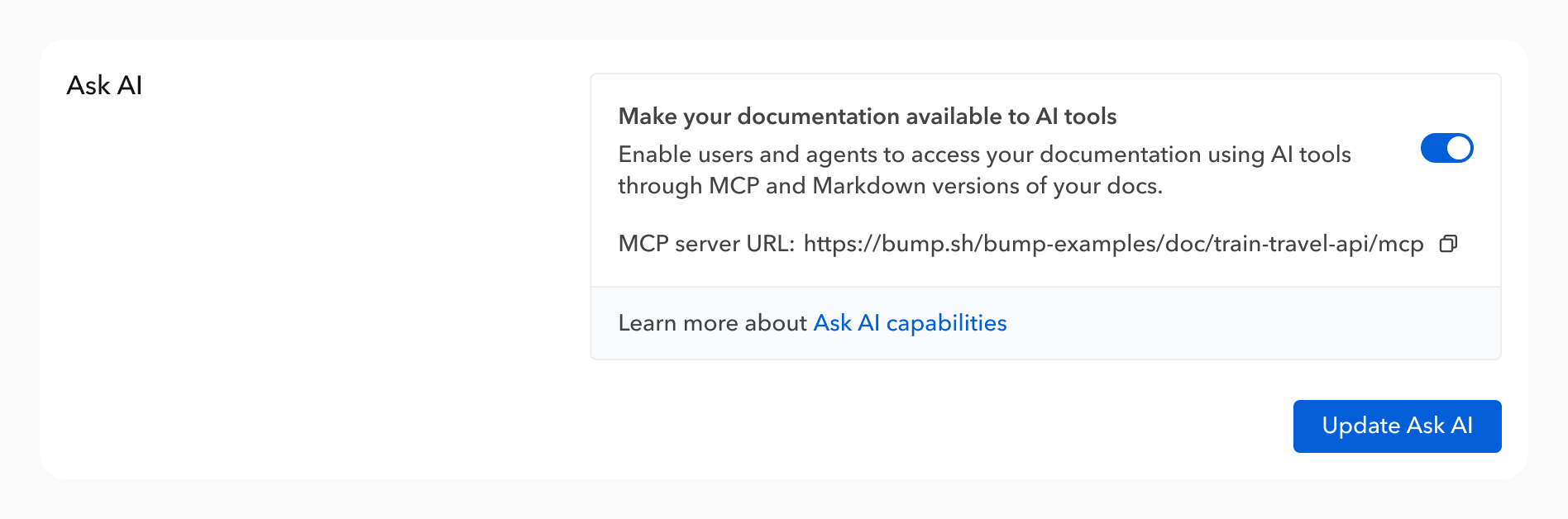 Ask AI settings, a toggle to make a doc portal available to AI tools